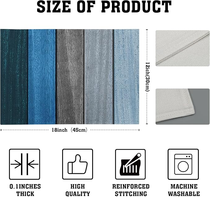 Giwawa Rustic Wood Placemats Set of 4- Navy Blue Grey Wooden Board Linen Place Mat 12x18 Inch- Farmhouse Country Style Washable Heat Resistant Table Mats for Kitchen Dining Cabin Decor