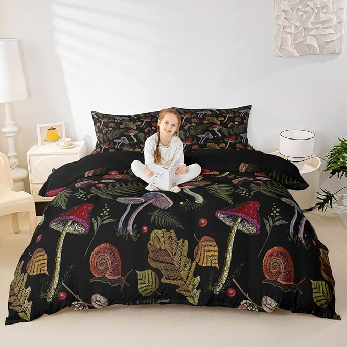 Wild Mushroom Duvet Cover Set Burgundy Plant Fall Thanksgiving Leaves Bedding Set for Kids Farmhouse Style Snail Print Comforter Cover Soft Polyester Quilt Cover 2 Pillow Case King,No Comforter