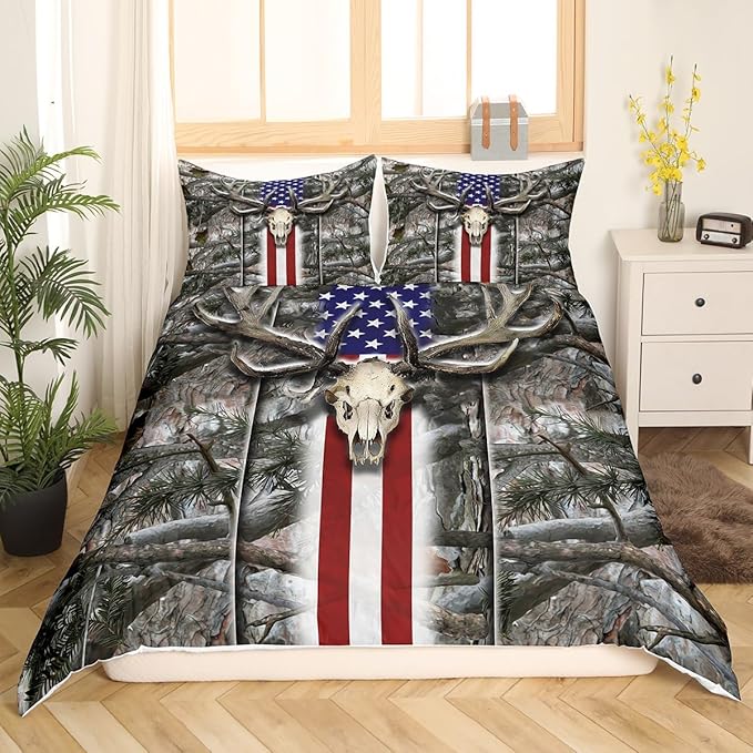 Castle Fairy American Flag Duvet Cover King Size, Deer Antlers Bedding Set, Branches Print Comforter Cover with 2 Pillowcases, Boys Girls Soft Microfiber Fashion Xmas Gift Quilt Cover