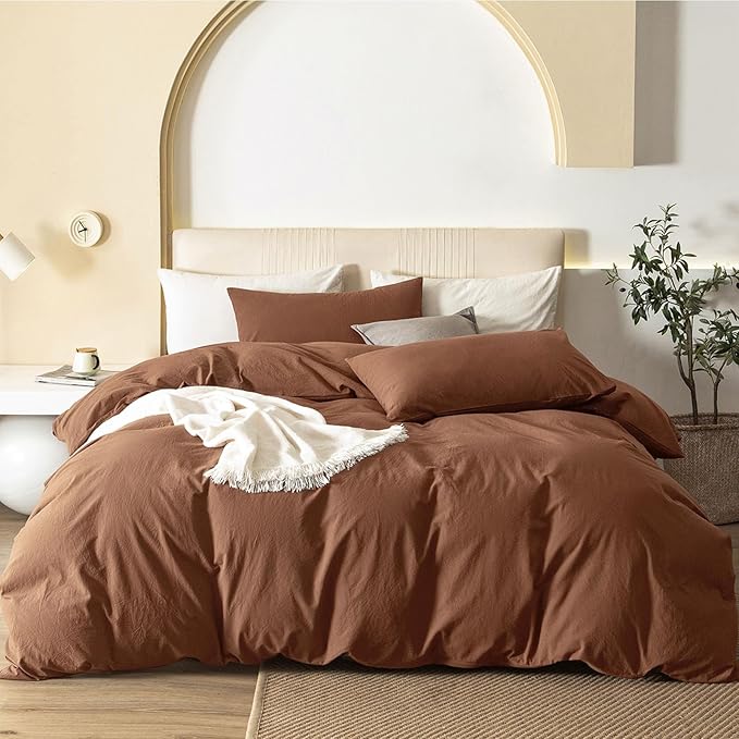 JIYUAN 100% Washed Cotton Duvet Cover Set 2 Pieces Twin, 1 Duvet Cover 68x90 Inches(Comforter Not Included) and 1 Pillowcases,Linen Feel Bedding Set Comfy and Breathable,Burnt Orange