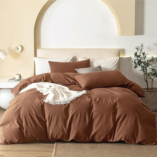 JIYUAN 100% Washed Cotton Duvet Cover Set 2 Pieces Twin, 1 Duvet Cover 68x90 Inches(Comforter Not Included) and 1 Pillowcases,Linen Feel Bedding Set Comfy and Breathable,Burnt Orange