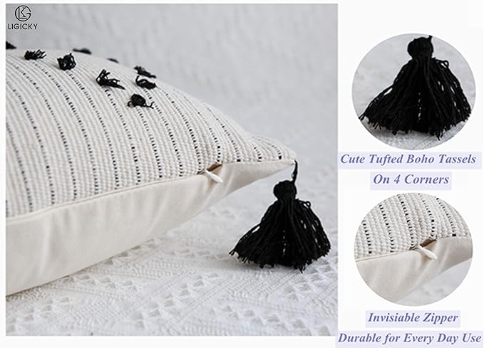 LIGICKY Boho Lumbar Pillow Covers 12x20 Inch Decorative Throw Pillows for Couch Chair Sofa Black and Off White Woven Tufted Pillow Case with Tassels