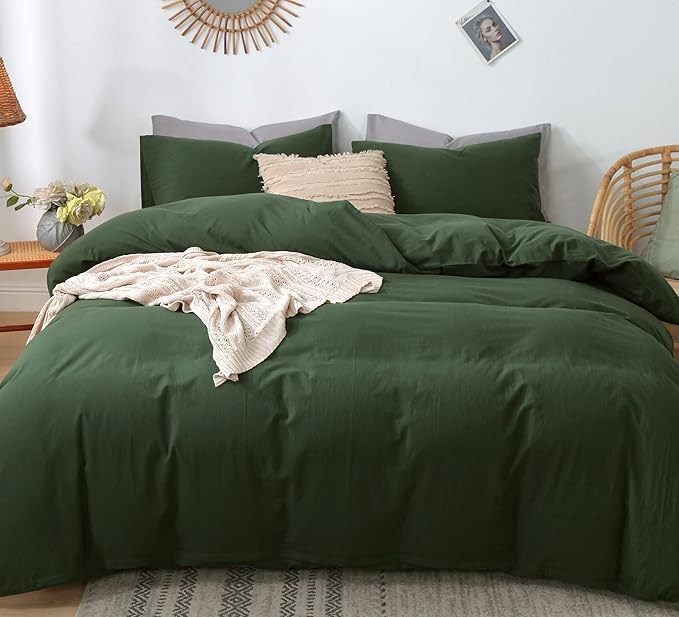 MooMee Bedding Duvet Cover Set 100% Washed Cotton Linen Like Textured Breathable Durable Soft Comfy (Solid Forest Green, Cal King 104"x98")