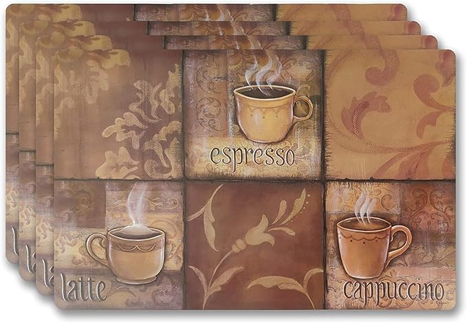 Vinyl Rectangular Placemats Set of 4 - Non Slip Place Mats Ideal for Indoor and Outdoor Dining Table - Washable and Heat Resistant Fall Placemats for Kitchen Tables (Coffee Tiles)