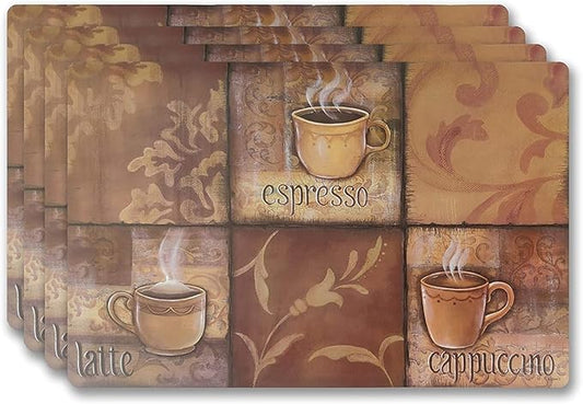 Vinyl Rectangular Placemats Set of 4 - Non Slip Place Mats Ideal for Indoor and Outdoor Dining Table - Washable and Heat Resistant Fall Placemats for Kitchen Tables (Coffee Tiles)