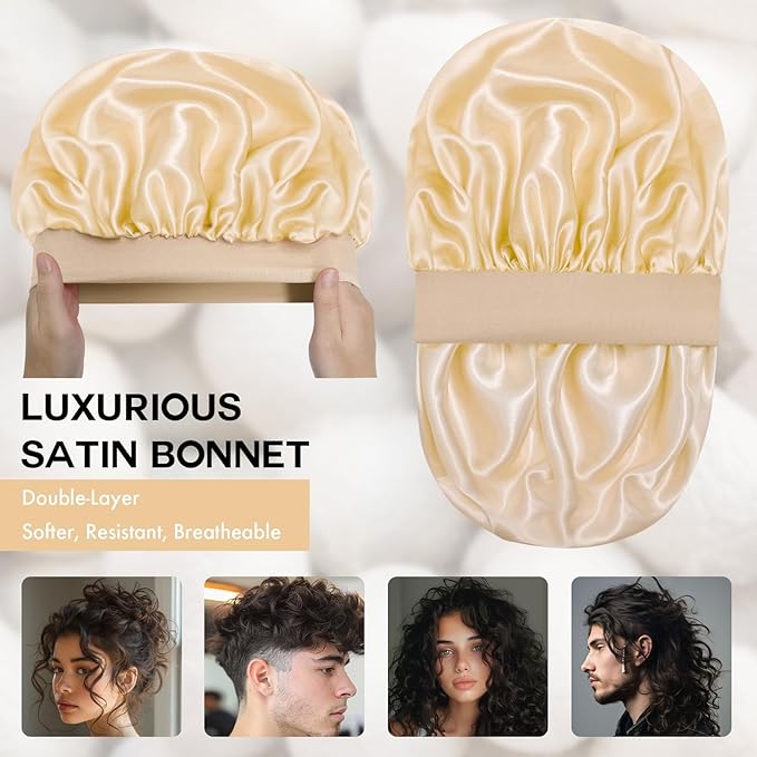 Satin Silk Bonnet for Sleeping, Double Layer Silk Sleep Cap for Men & Women, Soft Satin Lined Bonnet for Natural & Curly Hair(Champagne)