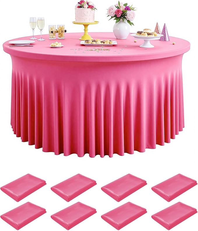 Outpain 8 Pack Hot Pink 72inch Spandex Round Tablecloths, Stretchy 132inch Fitted 6FT Round Table Cloths, Wrinkle Free Table Cover with Skirt for Wedding Party Dining Banquet