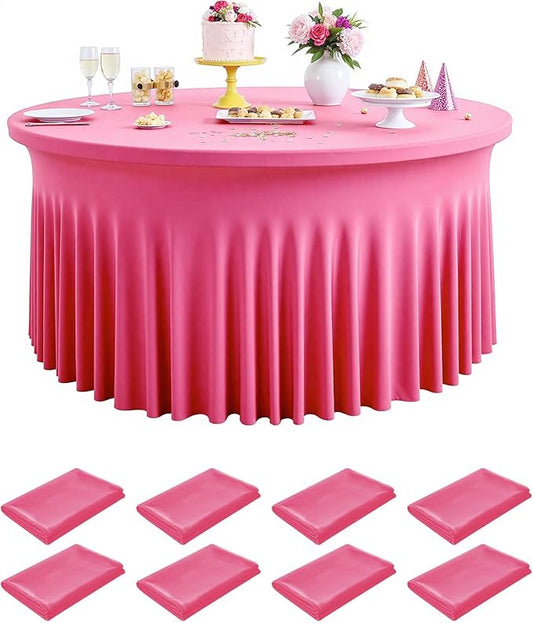 Outpain 8 Pack Hot Pink 72inch Spandex Round Tablecloths, Stretchy 132inch Fitted 6FT Round Table Cloths, Wrinkle Free Table Cover with Skirt for Wedding Party Dining Banquet