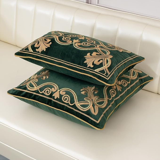 Aeckself European Luxury Velvet Lumbar Throw Pillow Cover 12 x 20 Inch, Embroidery Floral Pillow Cover Home Decor Oblong Pillowcase for Couch Bedroom Living Room, Dark Emerald Green and Gold