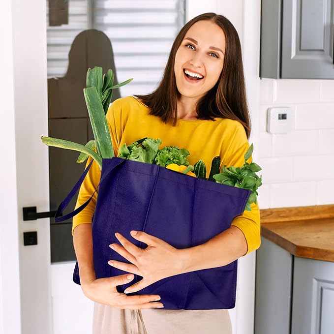 WISELIFE Reusable Grocery Shopping Bags 10 Pack Large Foldable Tote Bags Bulk, Eco Produce Bags with Long Handle for Shopping Groceries Clothes (Purple)