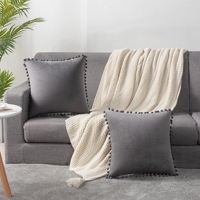 DEZENE Throw Pillow Covers 18x18 Dark-Grey: 2 Pack Cozy Soft Pom-poms Velvet Square Decorative Pillow Cases for Farmhouse Home Decor