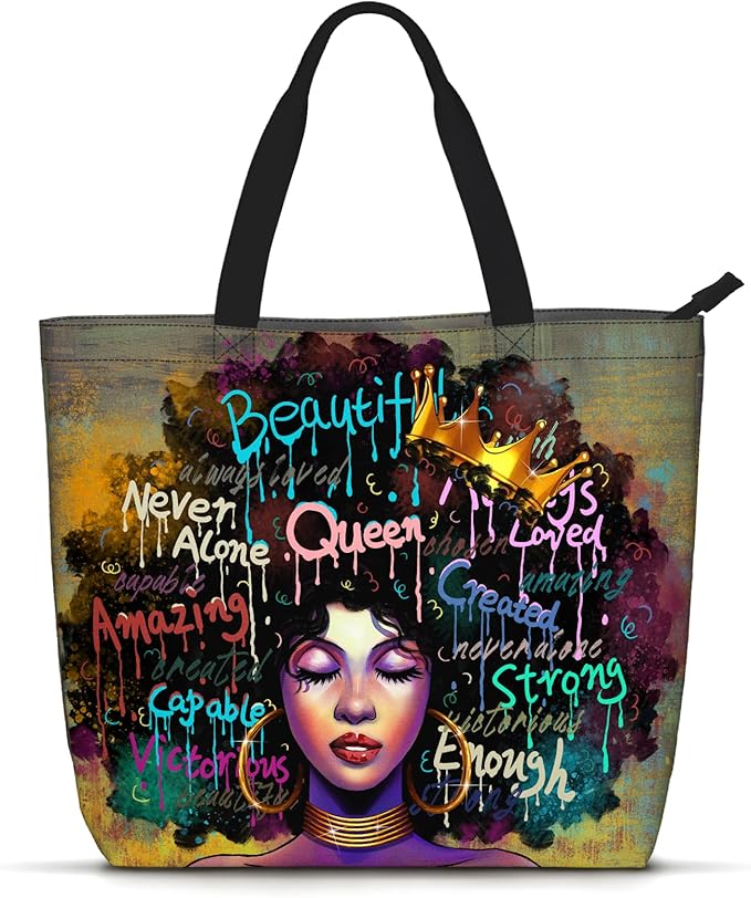 African American Women Tote Bag Black Shoulder Handbag For Women Fit Work Beach Labtops With Zip