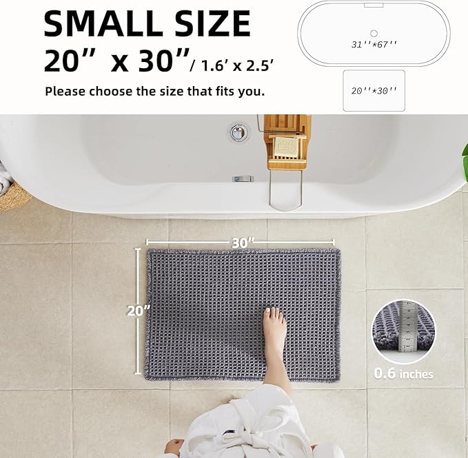 Waffle Bath Mat, Boho Bathroom Rugs Non Slip Washable Super Absorbent Quick Dry Bath Mat Farmhouse Bathroom Decor, 30"x20" Grey