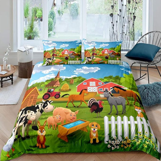 Feelyou Kids Bedding Set Cartoon Farmhouse Duvet Cover Set Cute Farm Animal Boys Girls Toddler Comforter Cover Country Style Quilt Cover with 2 Pillowcases Queen Size