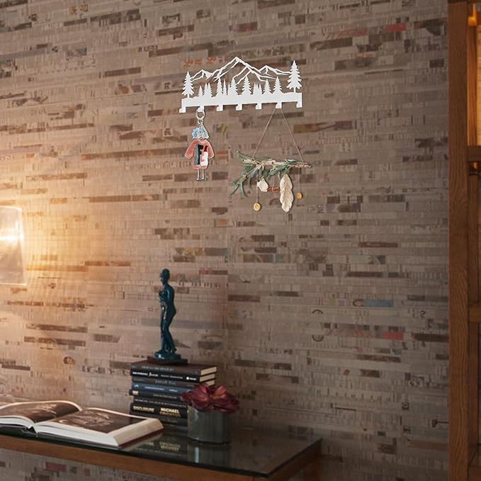 Key Holder Wall Mounted Key Hooks, White Metal Key Rack Hooks, Little Grove, Mountain Theme Wall Decoration Hooks, with 7 Hooks, Applicable to Front Doors, Lobby,Corridor, Offices (12 ")