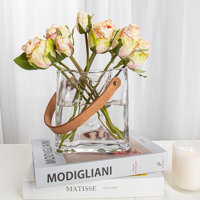 Glass Purse Vase for Flowers Clear Vases for Centerpieces Glass Bag Vase with Leather Handle Small Bag Vases for Decor Decorative Fish Bowl for Home Wedding Decor