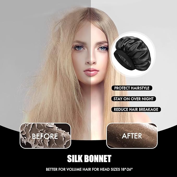 Satin Silk Bonnet for Sleeping, Double Layer Silk Sleep Cap for Men & Women, Soft Satin Lined Bonnet for Natural & Curly Hair(Black)
