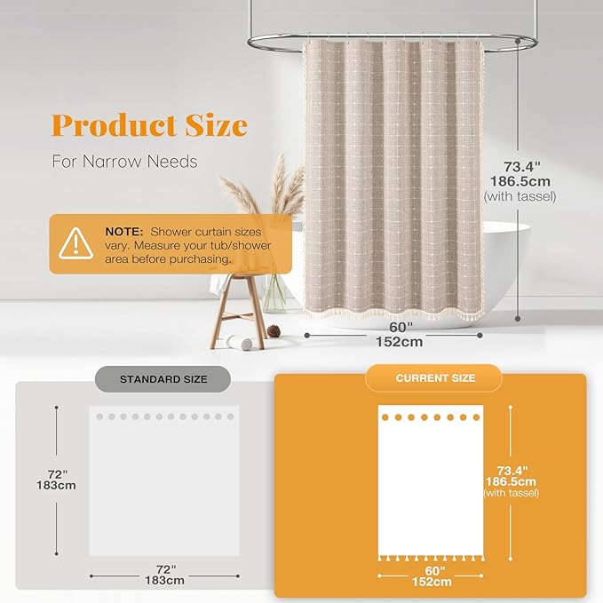 BTTN 60 Inch Stall Shower Curtain, Boho Farmhouse Linen Fabric Tassel Shower Curtain Set with 10 Plastic Hooks, Narrow Country Decorative Water-Repellent Shower Curtains for Bathroom, 60x72, Tan/Taupe