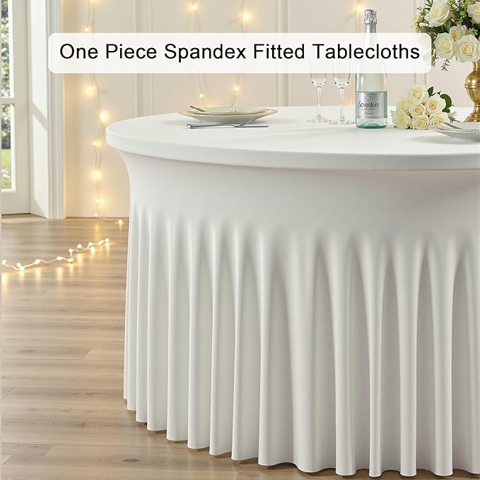 Outpain 6 Pack Spandex Ivory Round Tablecloths for 60in Tables, 120Inch Stretchy Fitted 5FT Round Table Clothes,Wrinkle Free Table Cover with Skirt for Wedding Party Dining Banquet