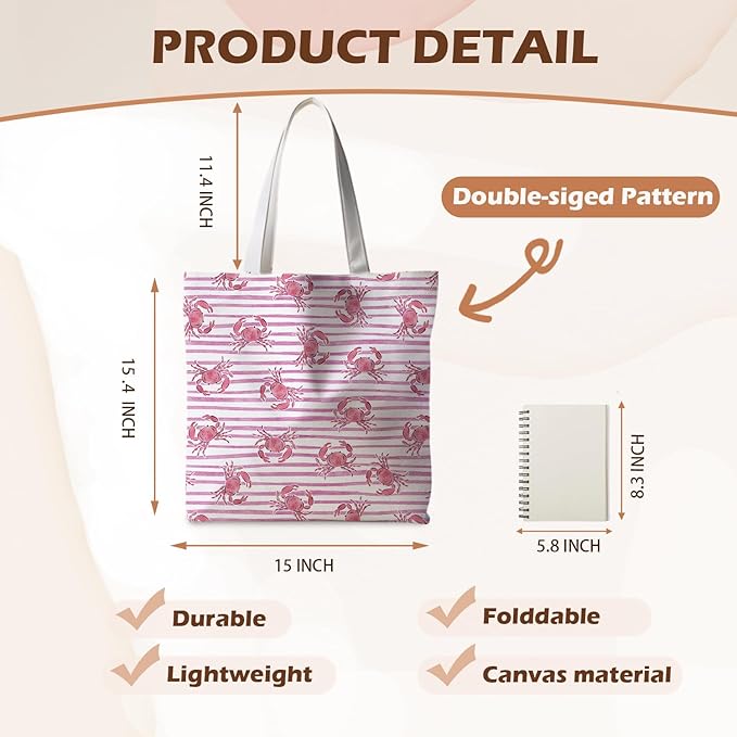 Beach Crab Tote Bag, Summer CrabsTote Bag for Women, Summer Crab Reusable Grocery Bags Shopping Bags