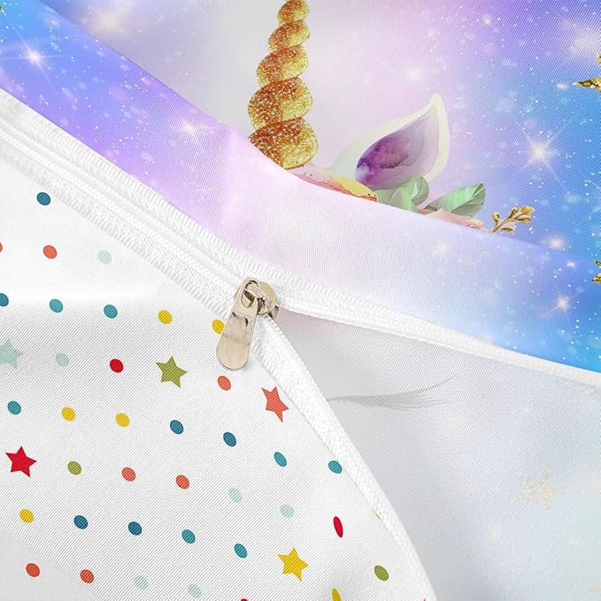 Castle Fairy Unicorn Comforter Cover Twin Size, Cute Rainbow Watercolor Print Bedding Set Kids Girls Girly Animal Themed Sweet Duvet Cover with 1 Pillowcase, Soft Fashion Microfiber