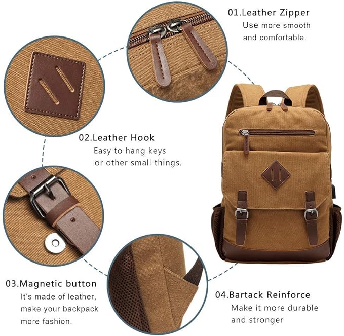 Canvas Backpack for Men Women, Vintage Rucksack Fits Most 15.6 Inch Laptop, Bookbag with USB Charging Port, Brown