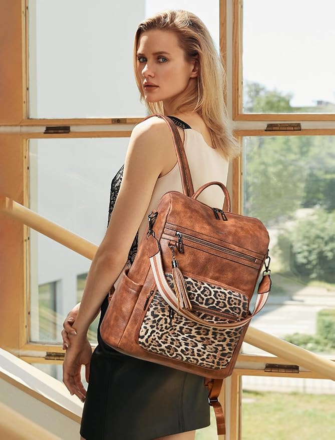 Shrrie 15.6 inch Laptop Backpack for Women,Large Leather Purse,Travel Backpacks Carry on,Water Resistant Casual Laptop Backpacks,College Backpack,Work Backpack for Women,Two-tone Camel Brown