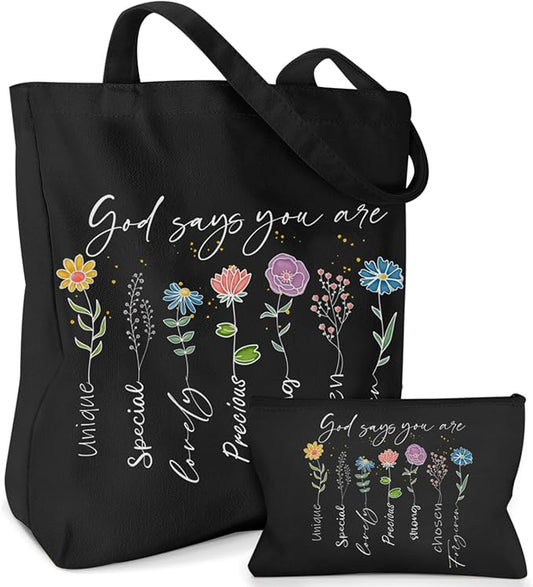2 Pack Christian Bible Canvas Tote Bag for Women with Makeup Bag Gods Says You Are Bags Floral Tote Bag Aesthetic