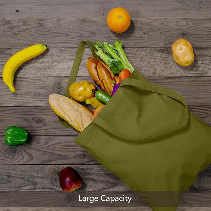 TOPDesign 24-Pack Economical 16"x15" Olive Green Cotton Tote Bags, Lightweight Medium Reusable Grocery Shopping Cloth Bags, Suitable for DIY, Advertising, Promotion, Gift, Activity