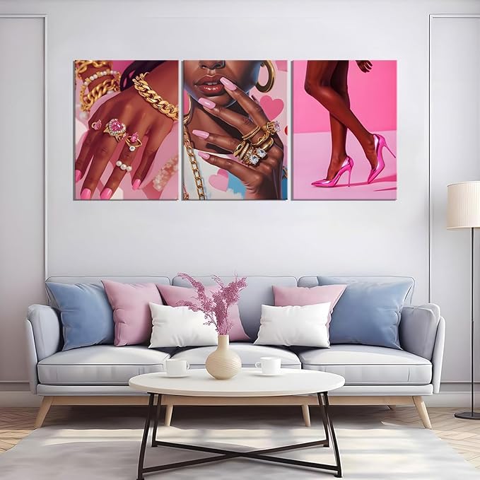 ANVOTIG 3Pcs Black Girl Wall Art Pink Framed Decor African American Woman Canvas Prints Fashion Posters Gorgeous Pictures Living Room Bedroom Home Decoration16x24In