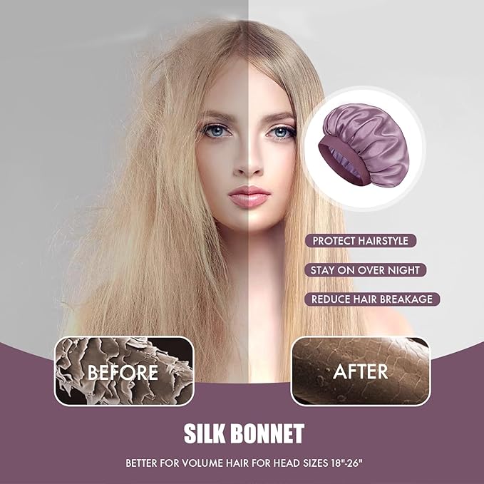 Satin Silk Bonnet for Sleeping, Double Layer Silk Sleep Cap for Men & Women, Soft Satin Lined Bonnet for Natural & Curly Hair(Dark Purple)