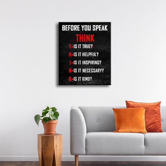 Pyradecor Large Motivational Think Before You Speak Classroom Positive Quotes Inspirational Poster Canvas Prints Wall Art for Office Living Room Home Decorations