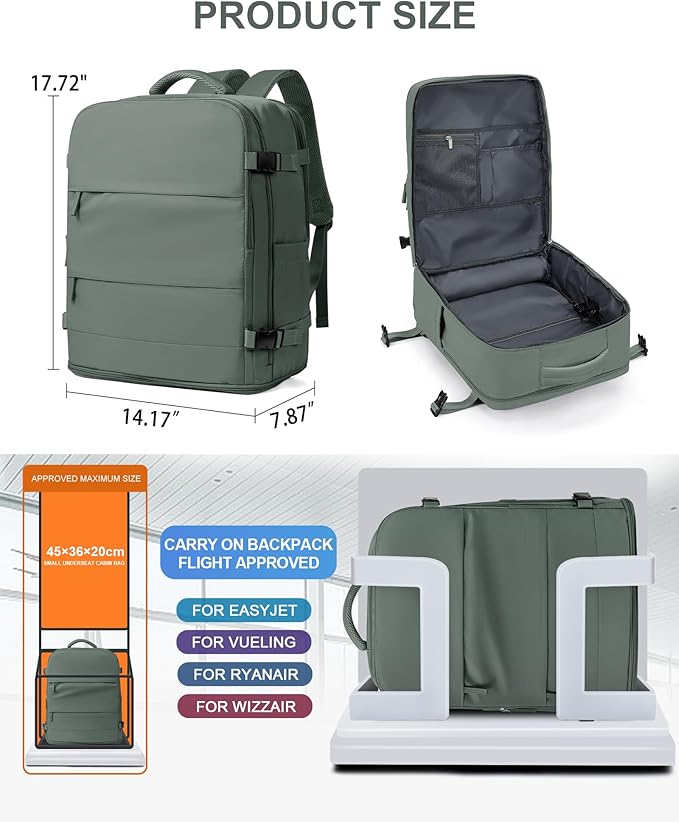 coowoz Large Travel Backpack Carry On for Women Man Waterproof Gym Backpacks Mochila de Viaje Teacher Travel Bag Essentials Personal Item Backpack Rucksack Airplane Accessories Must Haves Olive Green