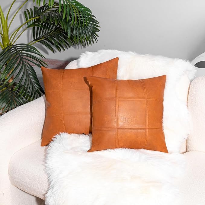 Faux Leather Throw Pillow Cover 18X18 Inch Set of 2 Brown Outdoor Modern Farmhouse Solid Decorative Pillow Covers for Room Couch Living Bedroom Bed Sofa