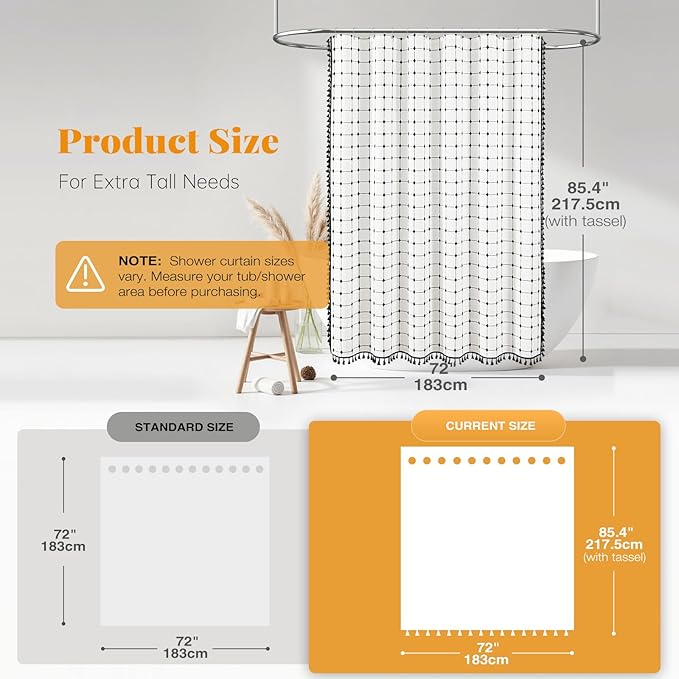 BTTN Extra Long Shower Curtain - 72x84 Inch Long Boho Chic Tassel Linen Fabric Shower Curtain Set with Hooks, Modern Farmhouse Elegant Heavy Duty Cloth Shower Curtains for Bathroom - White and Black