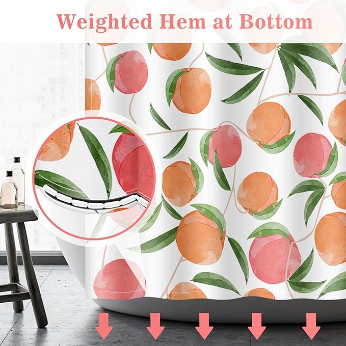 Aimego Peach Fruit Shower Curtain - Pink Orange Cute Peach Green Leaves Plant Modern Nature Fabric Cloth Bath Shower Curtain Set with 12 Hooks for Bathroom Decor Accessories, 72"x72"