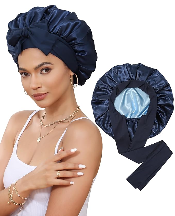Satin Bonnet Silk Bonnet for Sleeping Silk Sleep Cap Double Layer Hair Bonnet with Elastic Tie Band for Curly Hair Night Cap (Navy Blue + Light Blue)