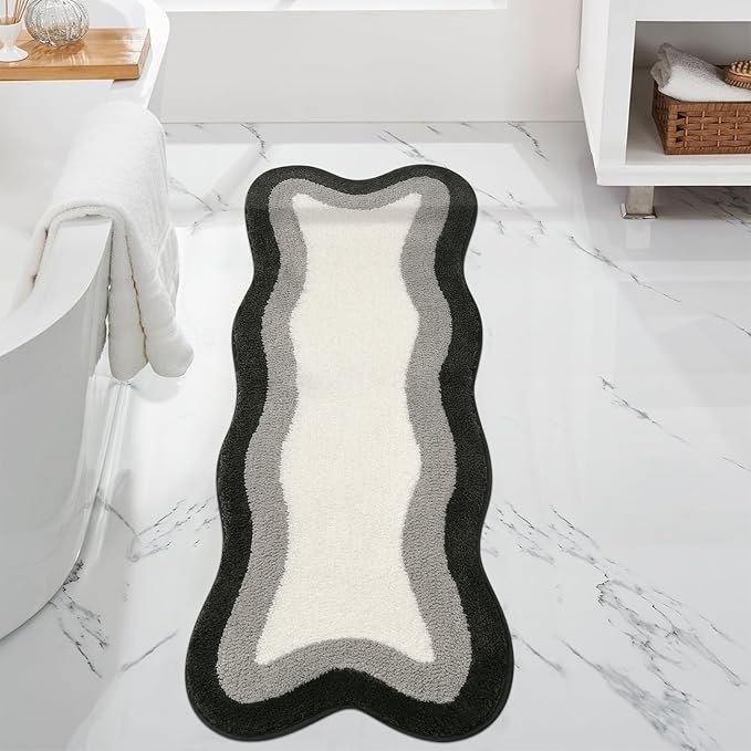 HAOCOO Microfiber Bathroom Runner Rug, 18x47 inch Non Slip Long Rug Runner, Washable Luxury Soft Absorbent Carpet Funny Decor for Shower Kitchen Entryway Bedroom Black/Grey