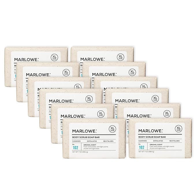 MARLOWE. No. 102 Body Scrub Soap 7 oz (12 Bars), Exfoliating Soap Bar with Shea Butter, Olive Oil & Green Tea Extracts, Cleanses, Smooths & Revitalizes Skin, Original Sage & Fir Scent