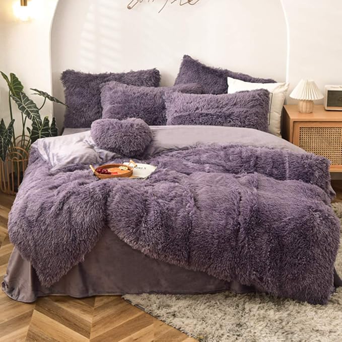 MorroMorn 5 PCS Plush Shaggy Duvet Cover Sets, Luxury Shag Fluffy Comforter Cover Fuzzy Bedding Set - Long Faux Fur Ultra Soft Cozy (Dark Purple, King/California King)