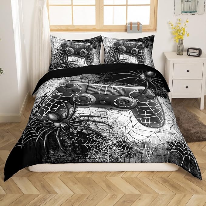 Boys Gamer Gamepad Duvet Cover Set King Size Kids Teen Man Gaming Theme Bedding Sets 3 Pcs for Room Decor, Fashion Spider Halloween Comforter Cover with 2 Pillowcases (No Comforter) Black Grey