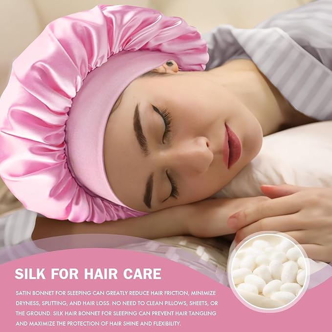 Satin Silk Bonnet for Sleeping, Double Layer Silk Sleep Cap for Men & Women, Soft Satin Lined Bonnet for Natural & Curly Hair(Pink)
