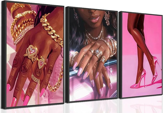 Pink Fashion Black Girl Canvas Wall Art Set of 3 African American Black Woman Posters Wall Decor Fashion Black Woman Pictures Prints for Living Room Bedroom Artwork Home Decoration 12x16Inch Unframed