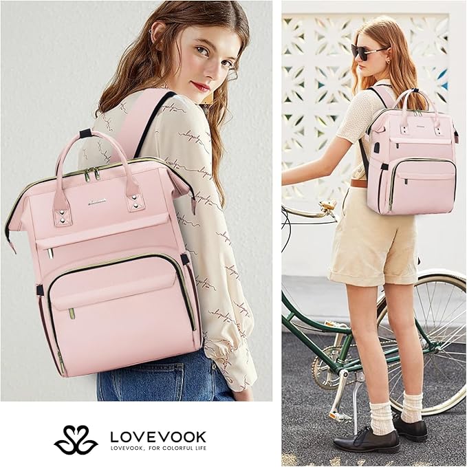LOVEVOOK Laptop Backpack for Women,18 Inch Professional Womens Travel Backpack Purse Computer Laptop Bag Nurse Teacher Backpack,Waterproof College Work Bags Carry on Back Pack with USB Port, Pink
