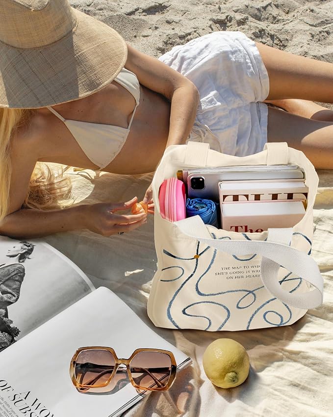 Aesthetic Heavy Canvas Tote Bag with Pocket for Women, Cloth Gusseted Totes Bag with Pattern for Shopping