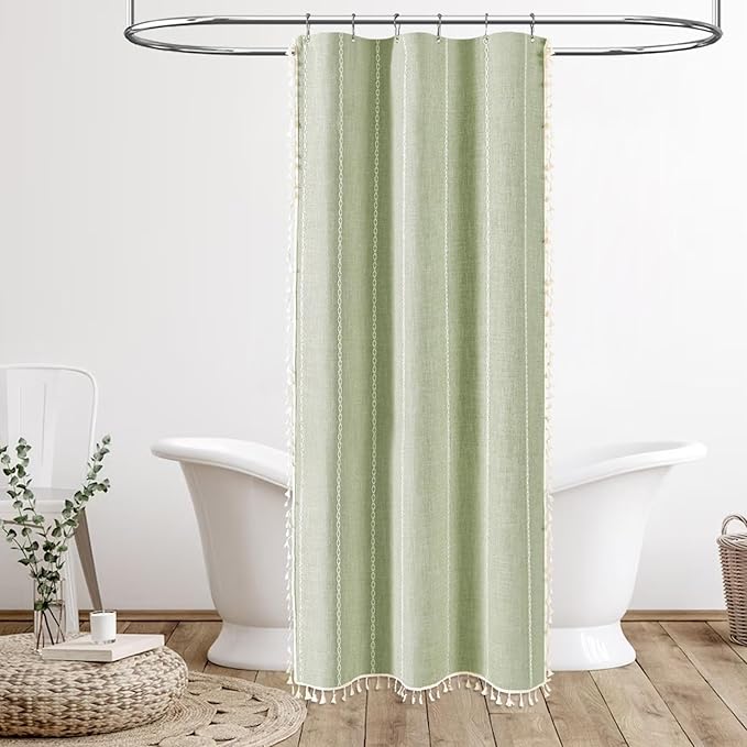 BTTN Stall Shower Curtain - 36x72 Narrow Boho Linen Thick Tassel Fabric Shower Curtain Set with 6 Plastic Hooks, Half Camper Modern Farmhouse French Country Shower Curtains for Bathroom - Sage Green