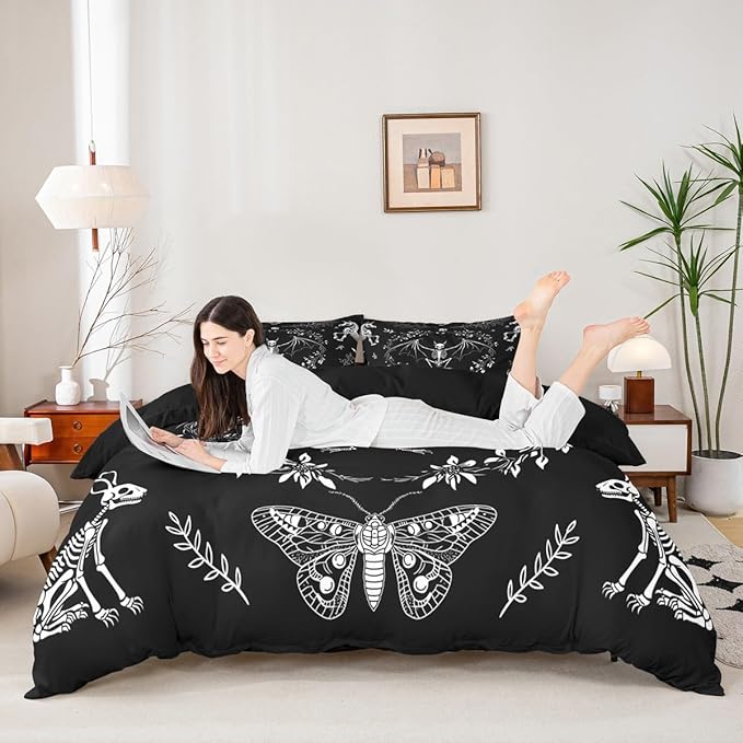 Castle Fairy Butterfly Bedding Set 3 Pieces,Gothic Jungle Animal Skeleton Comforter Cover for Boys Girls,Weed Floral Black and White Ultra Soft Duvet Cover Decor,Full Size,No Comforter