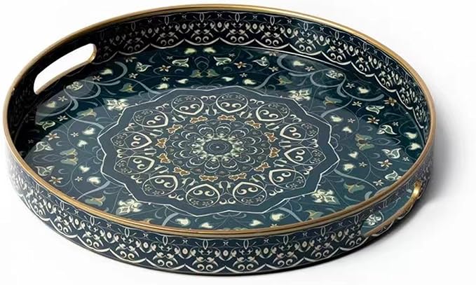 Round Serving Tray with Handles - Large Round Ottoman Tray Coffee Table Tray,Plastic Decorative Trays for Coffee Table,Boho Ottoman Trays for Living Room