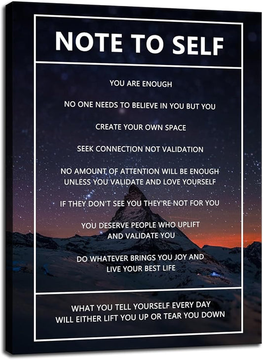 Note to Self Motivational Canvas Wall Art Snow Mountain Starry Sky Inspirational Poster Inspiring Canvas Painting Prints Wall Pictures for Home Decor Living Room Office Framed Artwork [18''W x 24''H]