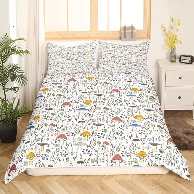 Feelyou Botanical Duvet Cover Set Mushroom Printed Comforter Cover for Kids Adults Leaves and Floral Bedding Set 1 Duvet Cover & 1 Pillowcase